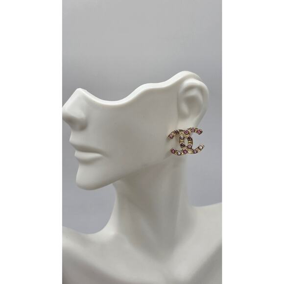 Chanel Gold-tone Pink Strass Interlocking CC Stud Earrings - Picture 12 of 13